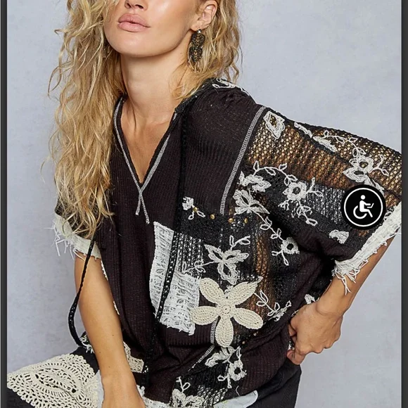 POL Black Patchwork Top with Crochet design - Picture 2 of 5